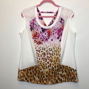 leopard & floral print white dressy top/shirt 🐆🌺